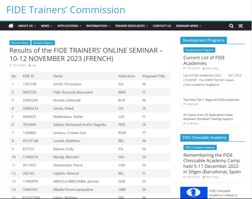 Résultats du séminaire d'entraineurs FIDE en ligne