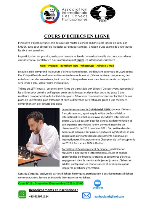 Invitation au 16ᵉ cours d’échecs en ligne de l’AIDEF