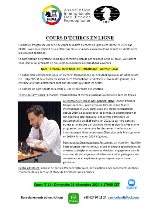 Cours d’échecs en ligne de l’AIDEF N°11