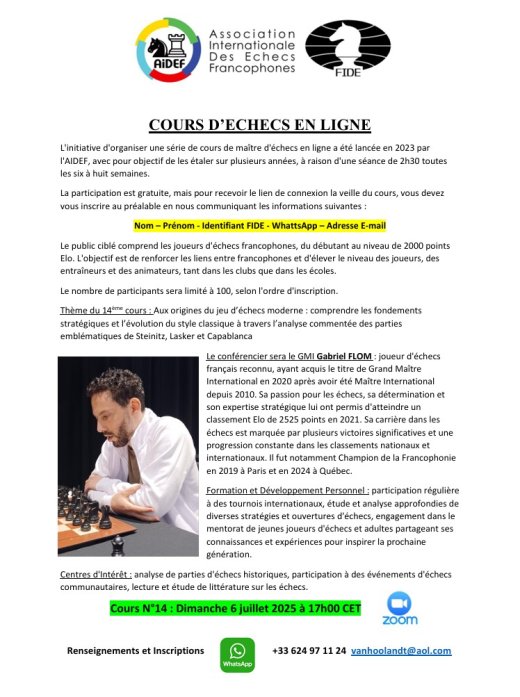 Invitation au 14ᵉ cours d'échecs en ligne de l'AIDEF