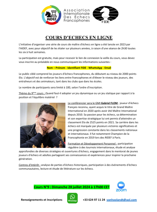 Cours d’échecs en ligne de l’AIDEF N°9