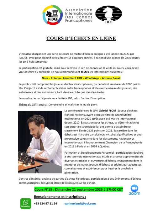 Invitation au 15ᵉ cours d’échecs en ligne de l’AIDEF