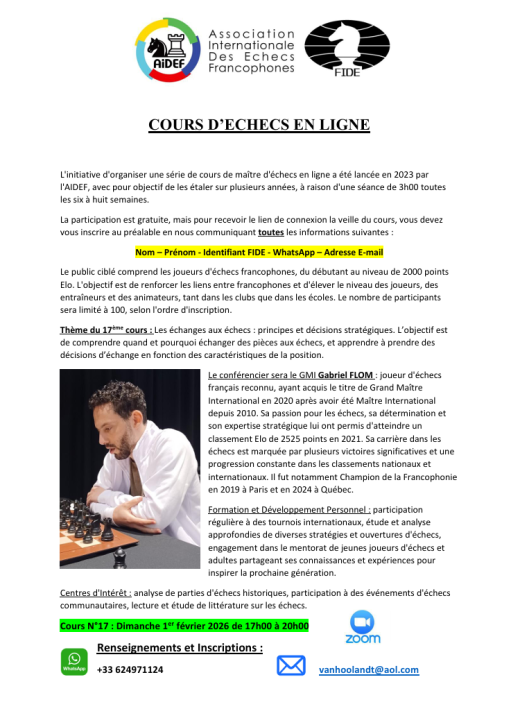 Invitation au 17ᵉ cours d’échecs en ligne de l’AIDEF
