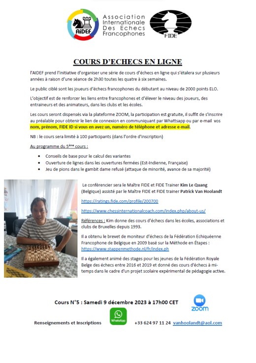 Cinquième cours d'échecs en ligne organisé par l’AIDEF